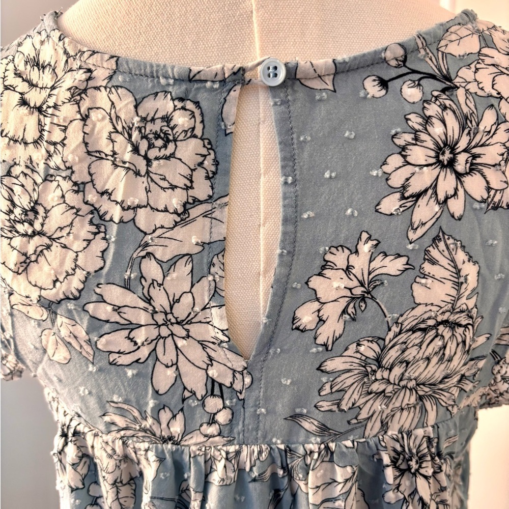 Pleione Floral Blue Cap Ruffle Sleeve Women's Top - Picture 11 of 14